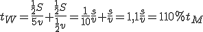 t_W=\frac{\frac{1}{2}S}{5v}+\frac{\frac12S}{\frac12v}=\frac1{10} \frac{s}{v}+\frac{s}{v}=1,1 \frac{s}{v}=110%t_M