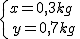 \left\{ {x=0,3 kg \mbox{ } \atop{y=0,7 kg} \text{}}