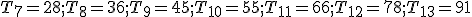 T_7=28; T_8=36; T_9=45; T_{10}=55;
T_{11}=66; T_{12}=78; T_{13}=91