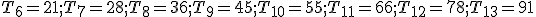 T_6=21; T_7=28; T_8=36; T_9=45; T_{10}=55;
T_{11}=66; T_{12}=78; T_{13}=91