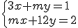  \left\{ 3x+my=1\\ mx+12y=2\right