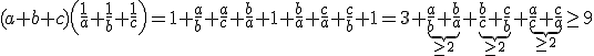 (a+b+c) \left( \frac{1}{a}+\frac{1}{b}+\frac{1}{c}  \right)=1+\frac{a}{b}+\frac{a}{c}+\frac{b}{a}+1+\frac{b}{a}+\frac{c}{a}+\frac{c}{b}+1=3+  \underbrace{\frac{a}{b}+\frac{b}{a}}_{\ge 2} + \underbrace{\frac{b}{c}+\frac{c}{b}}_{\ge 2} + \underbrace{\frac{a}{c}+\frac{c}{a}}_{\ge 2} \ge 9